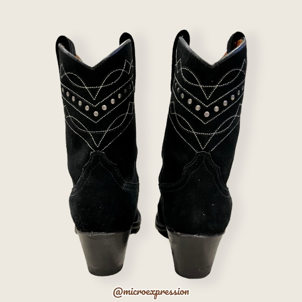 1980 Frye VINTAGE Black Suede Leather Embroidered Boho PullOn Heeled Cowboy Boot - Picture 9 of 14